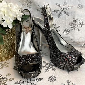 Deb Glitter Black & Silver Peep Toe Platform Heels Ankle Strap Sandals Sz 8